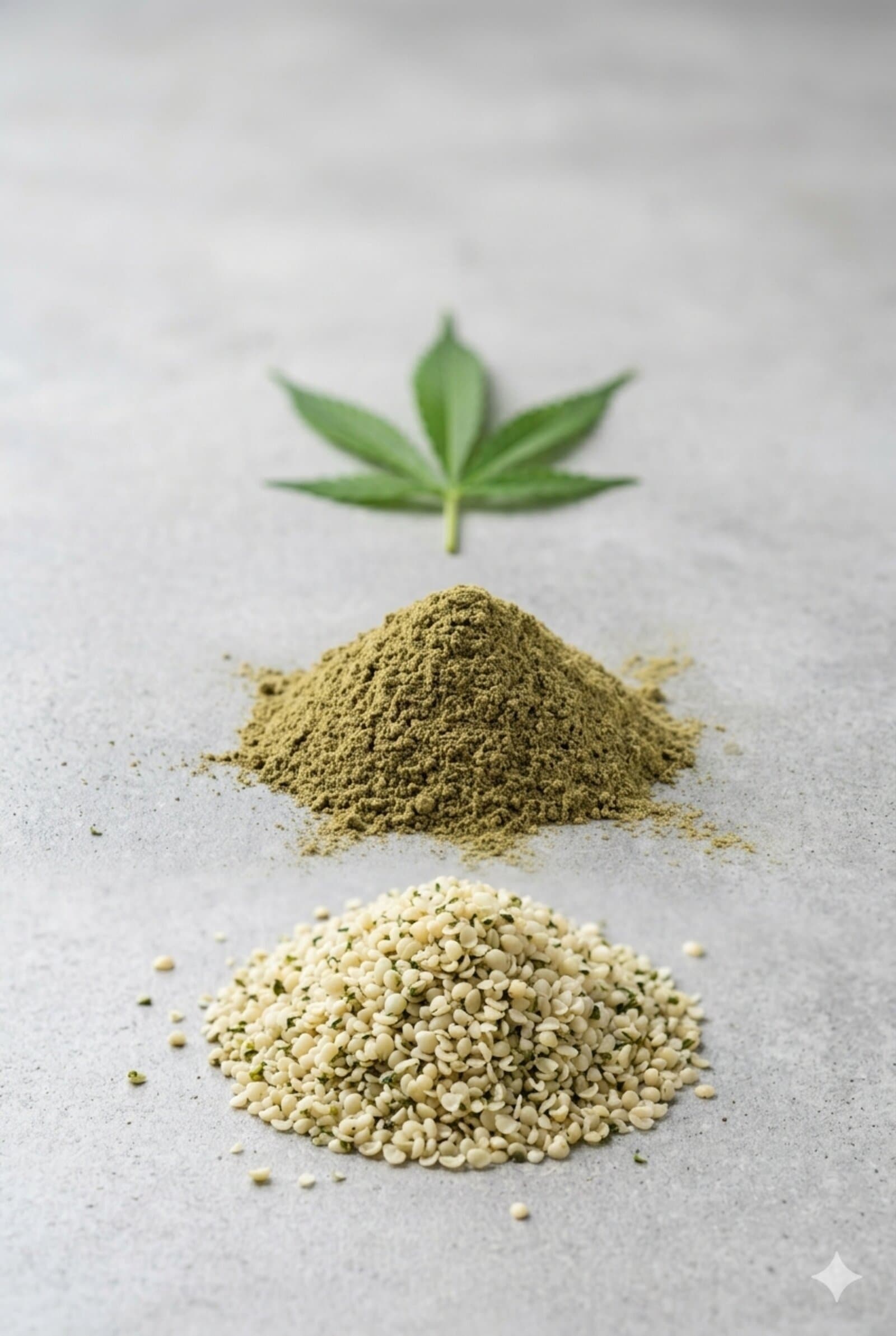 Semillas, harina y hemp hearts de cáñamo en cuencos blancos